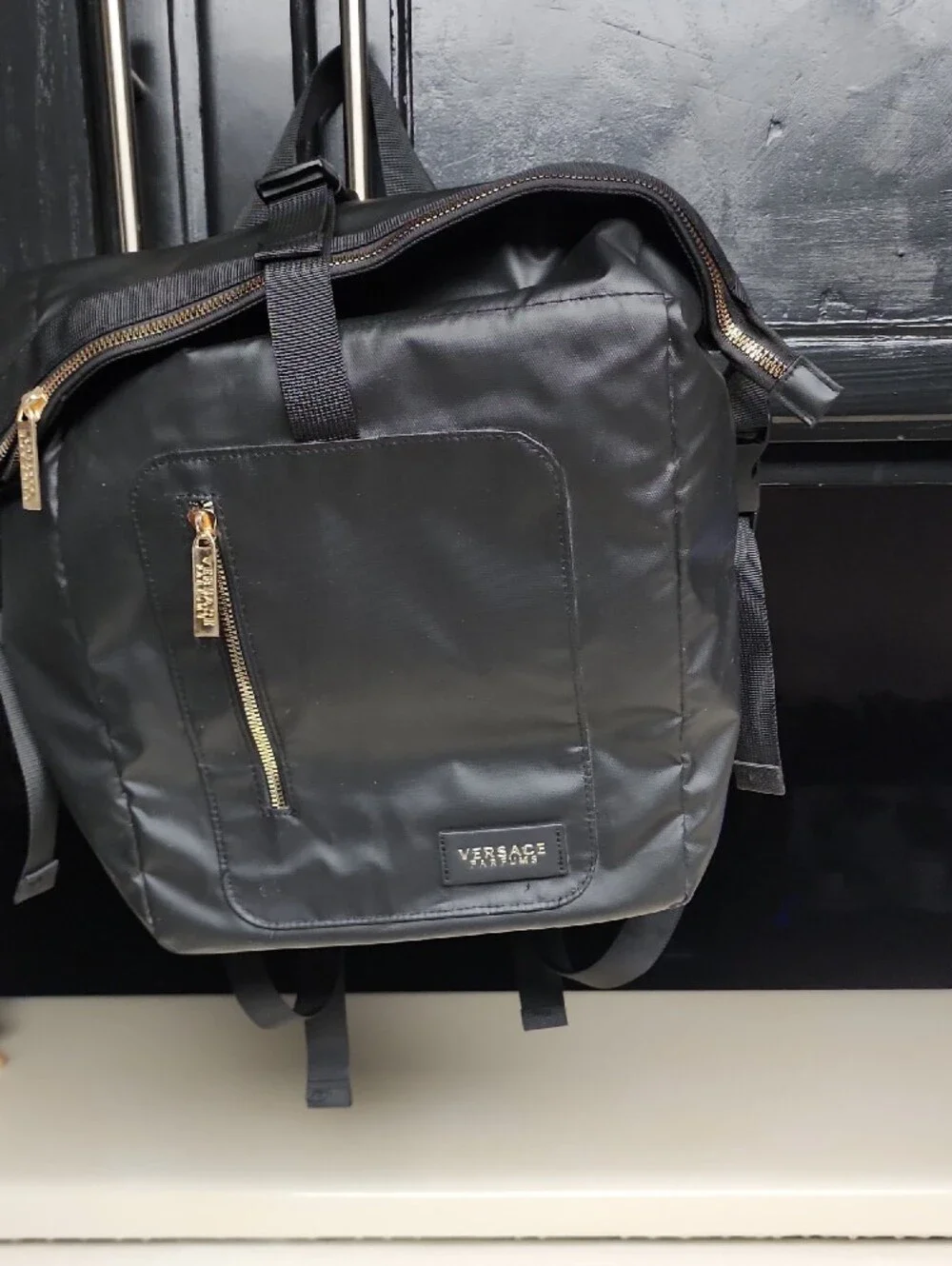 Versace Parfums Back Pack Jeans Collection Black Backpack with Gold Hardware
